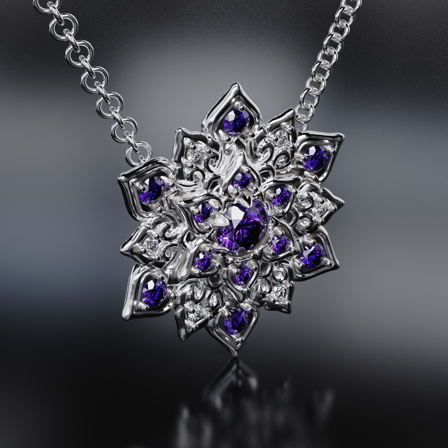 Mandala Pendant with Amethyst and White Zircon