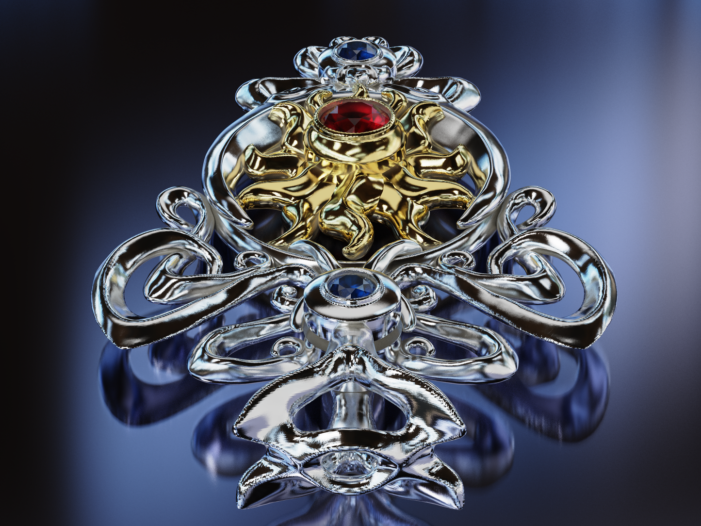 Sterling Silver and 18 Karat Gold Eclipse Pendant with Ruby and Sapphire