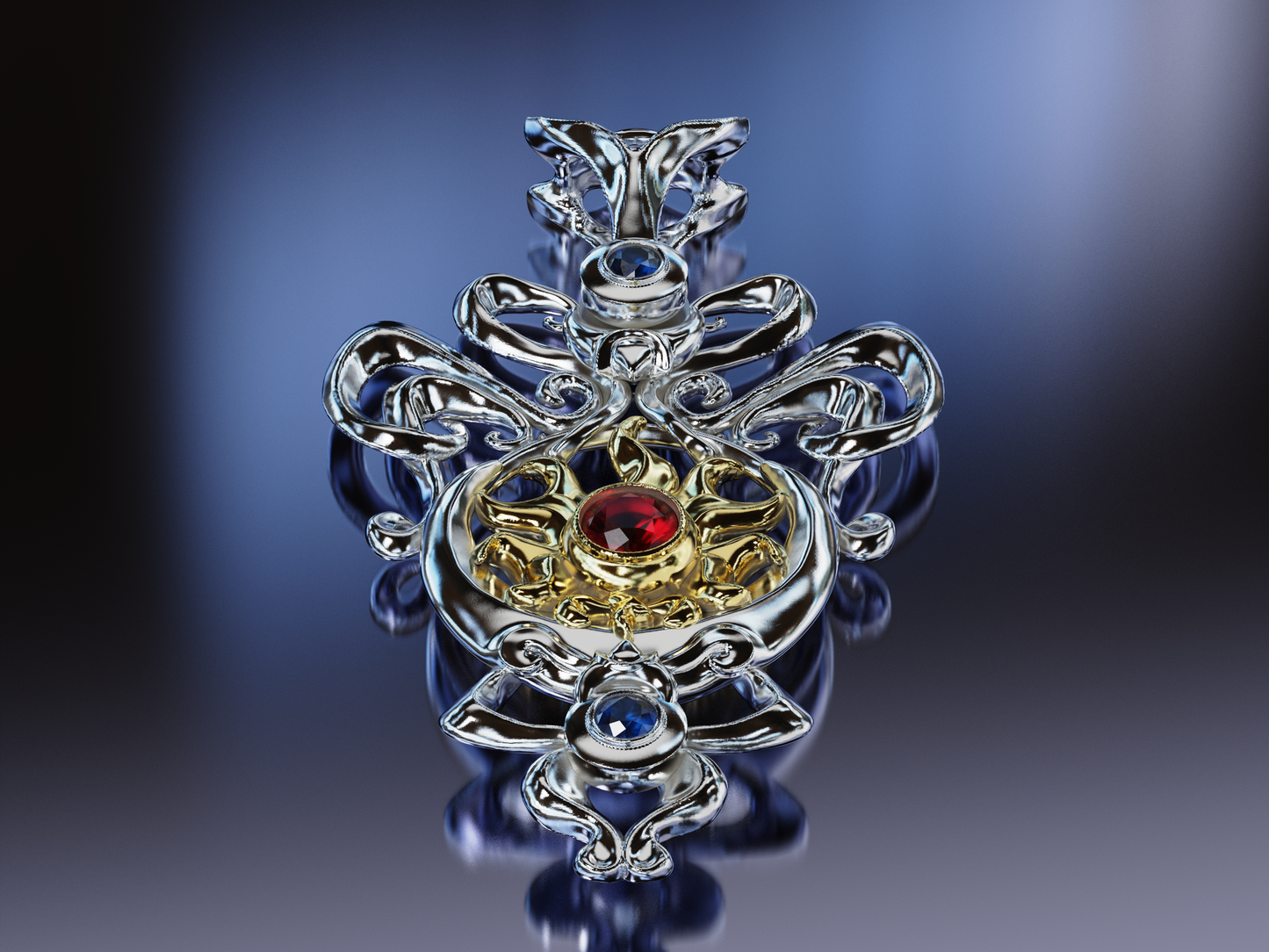 Sterling Silver and 18 Karat Gold Eclipse Pendant with Ruby and Sapphire