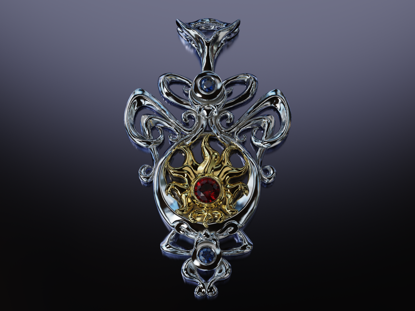 Sterling Silver and 18 Karat Gold Eclipse Pendant with Ruby and Sapphire